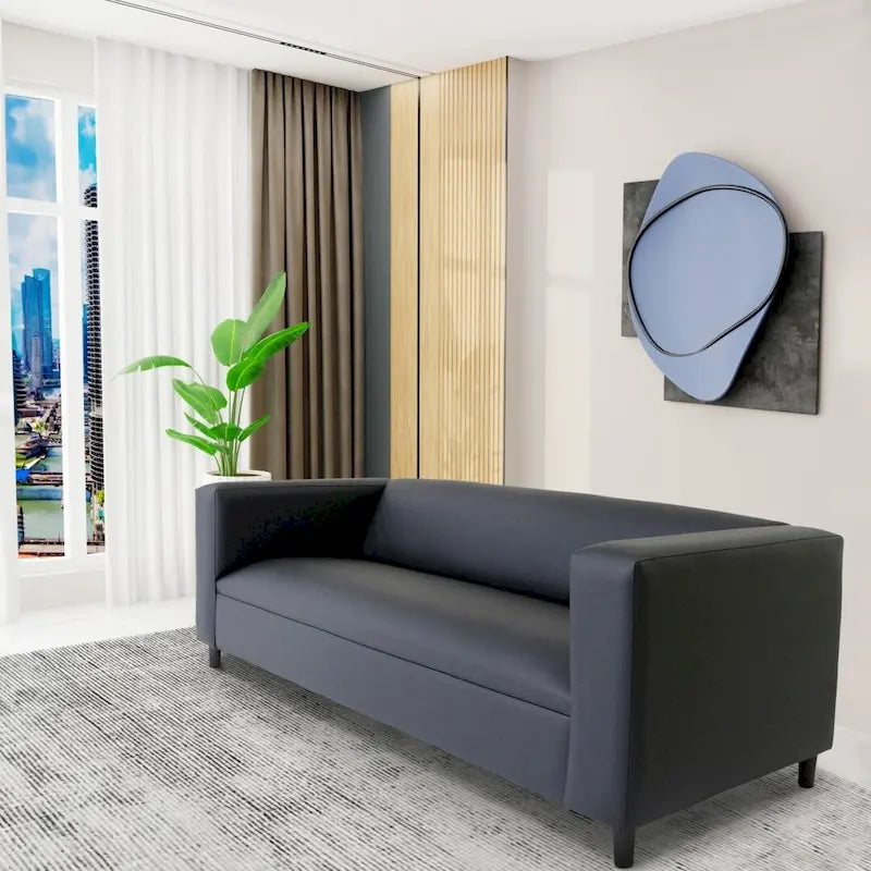 Trojmístná pohovka z umělé kůže s rámem z masivního dřeva ve stylu Mid-Century Modern