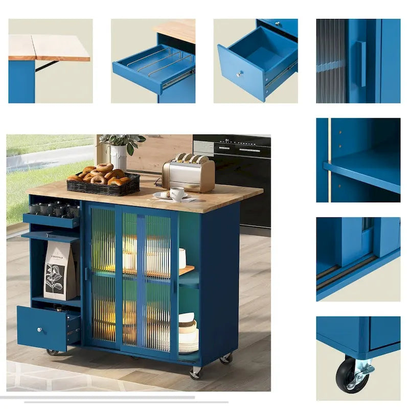Velký kuchyňský ostrůvek na kolečkách s rozkládací deskou, skleněnými dvířky, LED osvětlením a 2 zásuvkami